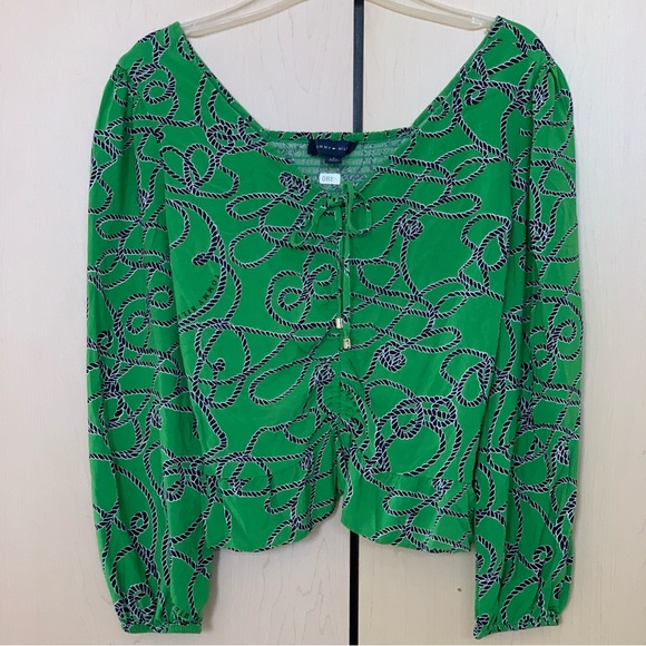 Tommy Hilfiger Tops - Tommy Hilfiger Top Women's Long Sleeve V Neck Smocked Back Crop‎ Green Size S